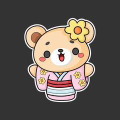 sticker of a cute bear wearing a kimono, cartoon style, kawaii