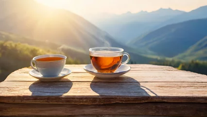 Foto op Plexiglas Hot cup of tea on an old wooden floor in the morning with a beautiful mountain view. © Thachakrit