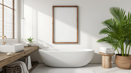 Fototapeta na wymiar Mockup poster frame, paper size Coastal, serene Bathroom, bright walls