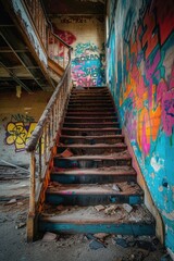 Abandoned stairs in an industrial building with graffiti on the walls