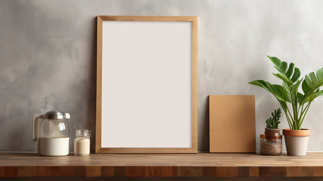 Mockup wall art frame, paper size Rustic, inviting Kitchen, light colored walls