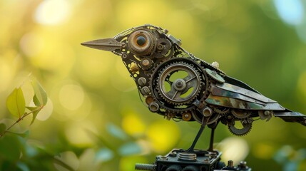 A bird crafted from machine parts against a backdrop of green bokeh, capturing the synthesis of the natural and the mechanical.
