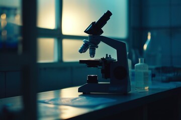 a scientific microscope in a laboratory at sunset, biological and arts