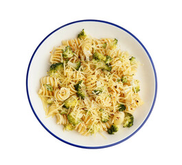 Delicious fusilli pasta with broccoli and cheese in bowl on white background
