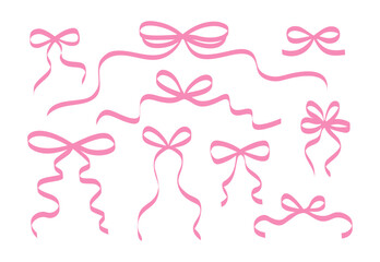 Set of decorative pink bow ribbons. Vector ribbons silhouette