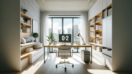 Create an image of a bright and airy home office in a South Korean apartment, emphasizing a minimalist design with a focus on productivity and tranqui