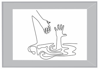 continuous line drawing of hand in water asking for help. Failure and rescue concept