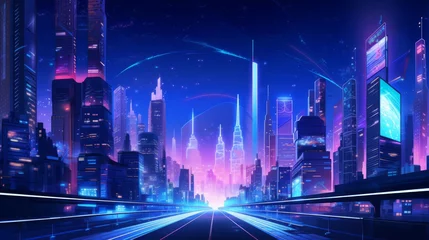Fotobehang Futuristic night city. Cityscape on a colorful background with bright and glowing neon lights. Neural network AI generated art Neural network AI generated art © mehaniq41