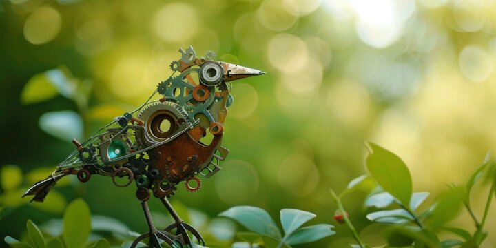 A bird crafted from machine parts against a backdrop of green bokeh, capturing the synthesis of the natural and the mechanical.