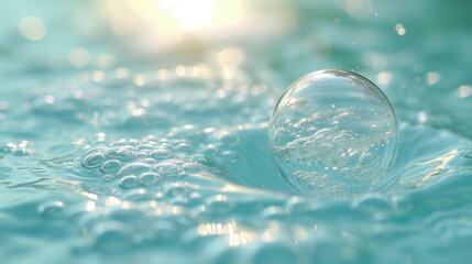 cosmetic moisturizer bubble on water surface, Cosmetic Essence, Liquid bubble, Molecule inside Liquid Bubble.	