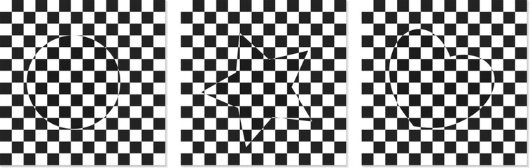 Set of backgrounds of black and white mosaic and 3d-figures. Templates for banner, cover, poster, postcard. Abstract patterns in black and white checkered . Optical 3D art