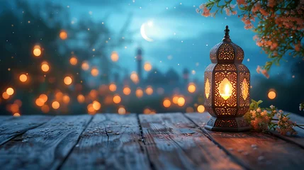 Fotobehang wooden board of empty table with ramadan kareem background © growth.ai