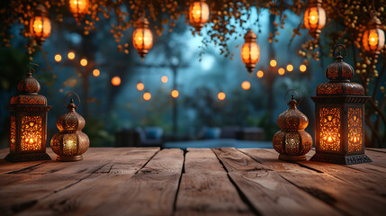 wooden board of empty table with ramadan kareem background
