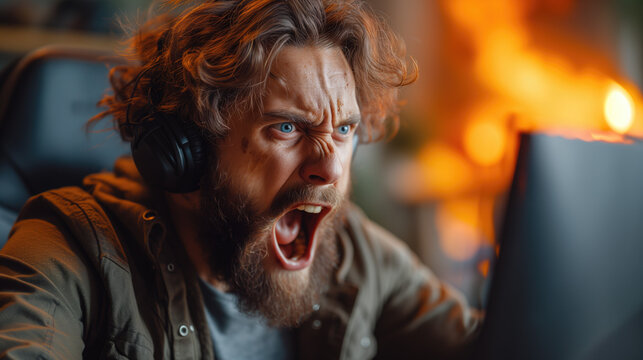 Man gets irritated while using computer and screams