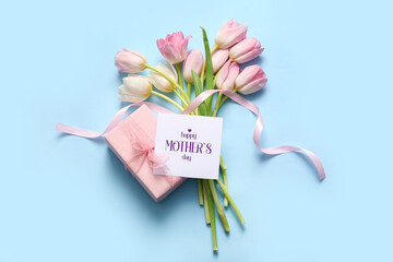 Card with text HAPPY MOTHER'S DAY, gift box and tulip flowers on blue background