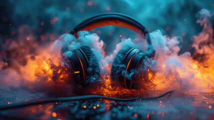 Headphones that emit colorful smoke And there is smoke covering the headphones. Fun and excitement with the music concept. - obrazy, fototapety, plakaty