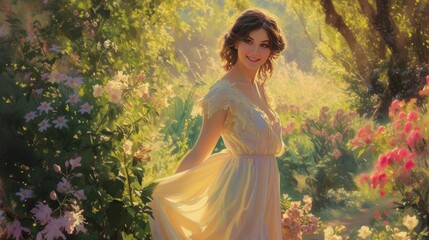 A Serene and Timeless Delight The Radiant Smile of a Young Woman Embracing Natures Beauty