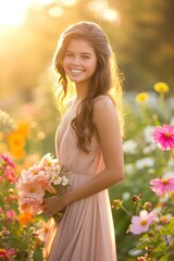 A Serene and Timeless Delight The Radiant Smile of a Young Woman Embracing Natures Beauty