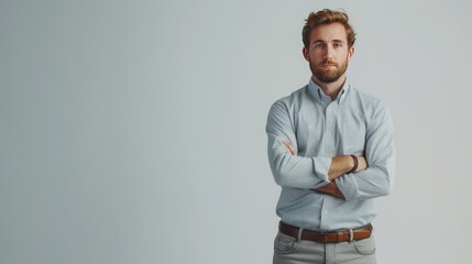 A confident man standing tall against a seamless white backdrop - Powered by Adobe