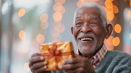 elderly African American man joyfully expressing surprise as he holds a gift in his hands.