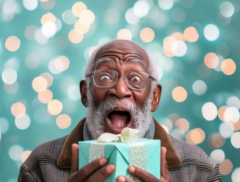 elderly African American man joyfully expressing surprise as he holds a gift in his hands.
