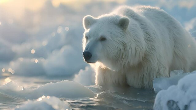 A polar bear is looking for food.