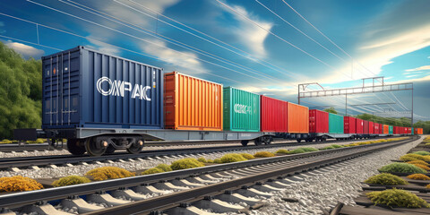 Obraz premium freight train rolling on the train tracks with cargo containers. An impactful representation of the efficient movement within the industrial and logistical landscape. 