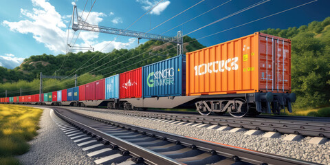 Fototapeta premium freight train rolling on the train tracks with cargo containers. An impactful representation of the efficient movement within the industrial and logistical landscape. 