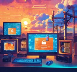a lively artwork of computers and cyber security under sunshine and clouds