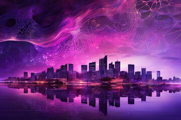 Illusionary night city: Vibrant purples, pinks, digital lines. A captivating blend of reality and fantasy. Explore the enchantment in this unique cityscape. 