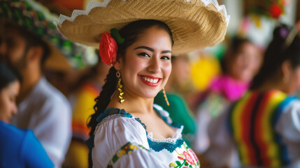 Obraz premium Mexican woman wearing traditional dress and sombrero smiling at camera