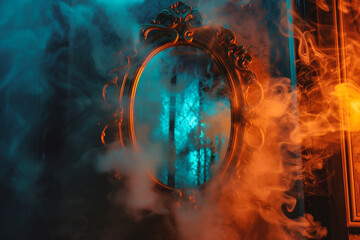 Round mirror on black background with smoke. Copy space for text.