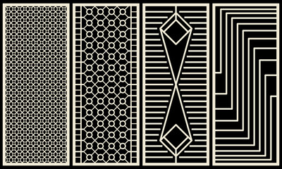 Set of geometric patterns. Decorative panel for laser cutting. Template for cutting plywood, wood, paper, cardboard and metal. - obrazy, fototapety, plakaty