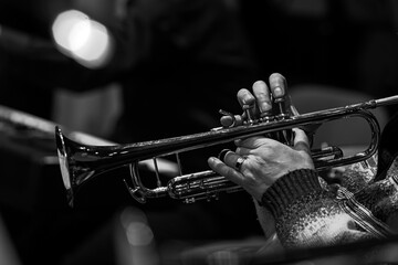Trumpet in the hands of a musician in black and white
