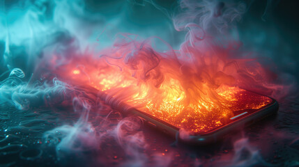 White blank smart phone and cool tone smoke floated out surrounding the smartphone. abstract colors.