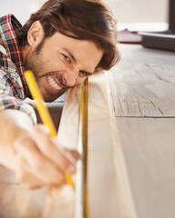 Man, wood and carpenter with craft, diy and frustration for building, work and repair. Contractor,...