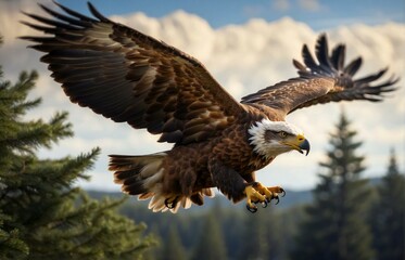 close-up portrait of an eagle flying quickly across the sky and a plain of trees