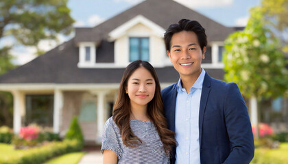 Portrait of smiling young couple standing in front of their new house