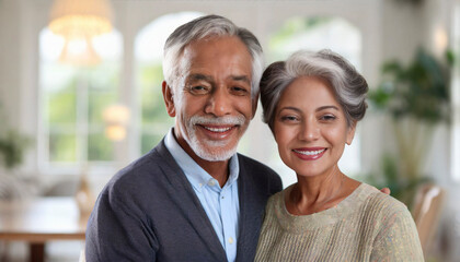 Portrait of happy senior couple at home. Mature man and woman looking at camera