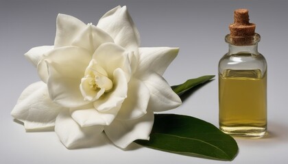 A white flower and a bottle of oil