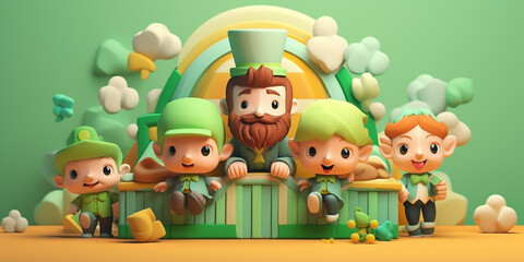Obraz na płótnie Canvas a banner with cute leprechaun puppets and scenes puppet shows, soft pastel colors, 3d icon clay render.