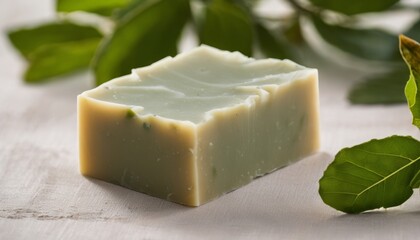 A bar of soap with green leaves on the side