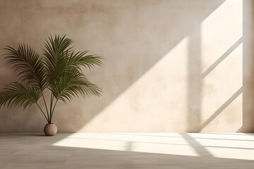 An empty room, an empty wall , a palm tree inside a vase in side  , sunlight entering the room , shadow