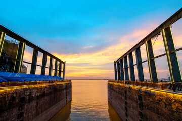 The steel structure and bridge crane of the dock are located by the Dongting Lake in Yueyang, China.