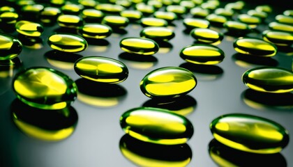 A bunch of yellow capsules on a black background