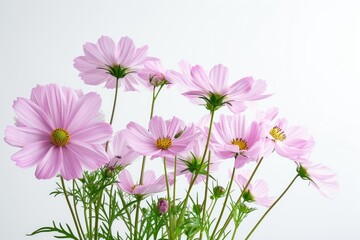 Growing cosmos flower like a bouquet with big leaves and, a white background.