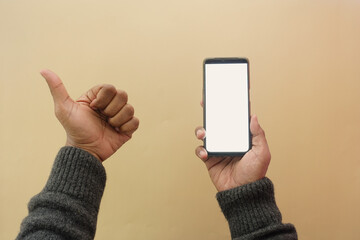 young man hand using smart phone with white screen 