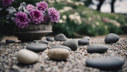 Obraz na płótnie Canvas A vase of purple flowers sits on a bed of rocks