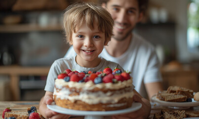 Cheerful cute boy with father holding birthday cake at home. - obrazy, fototapety, plakaty