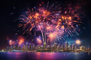 Fototapeta premium Spectacular fireworks. Vibrant display illuminates cityscape, creating a mesmerizing scene. Perfect for celebration-themed projects.